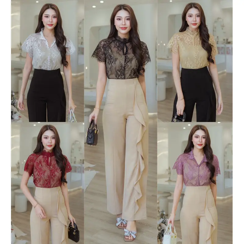 221 เสื้อลูกไม้เนื้อนิ่มแขนสั้น แต่งกระดุมหน้า (มีซับใน) สินค้าขายดี  ผู้หญิง Clothing  Women