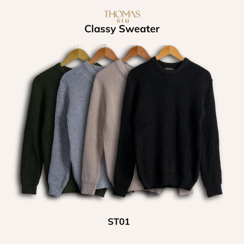 Áo len cổ tròn trơn Thomas Classy Sweater len lông cừu mềm, mượt chính hãng hỗ trợ đổi hàng