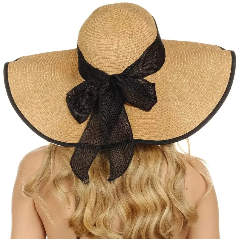 LUFFYSTORE.ID - Topi pantai lebar wanita list hitam Floppy musim panas pelindung dari sinar matahari BISA COD 2