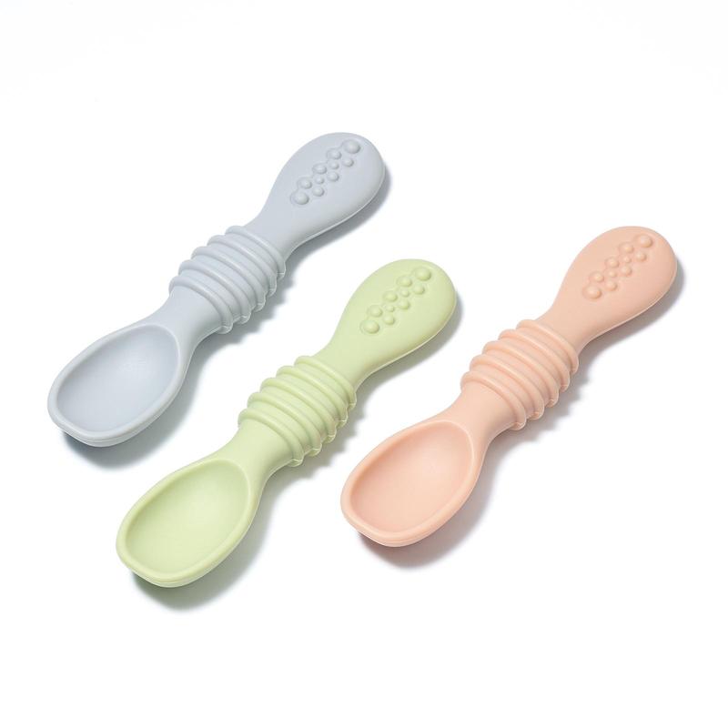 3pcs Mixed Color Silicone Baby Spoon, Self Feeding Spoon, Solid Color Baby Weaning Training Spoon 3