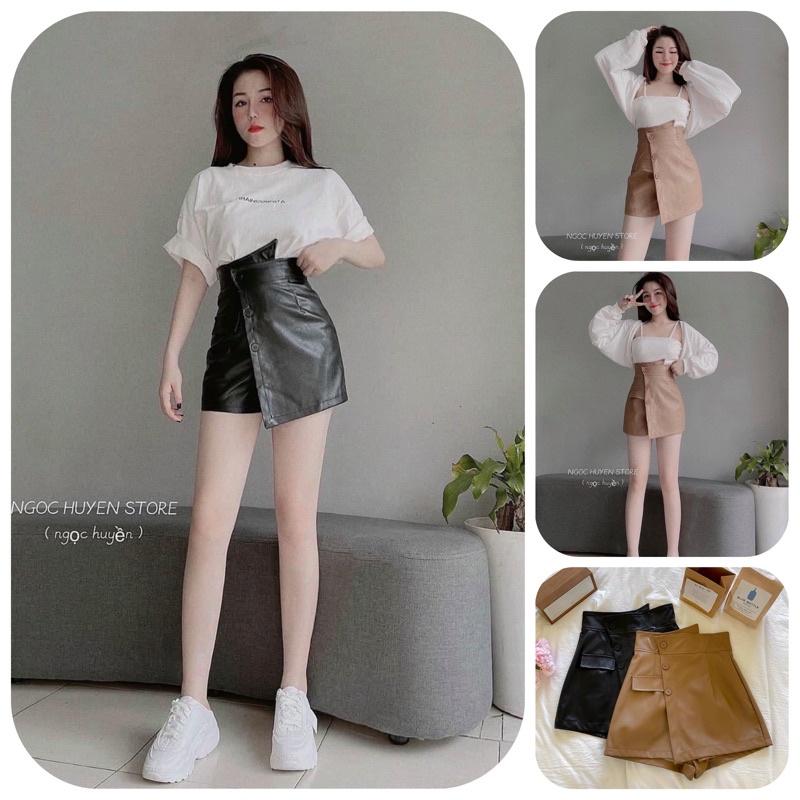 XẢ KHO Chân váy da chữ a cạp chéo quần giả váy vạt chéo 3 cúc Nữ Pants