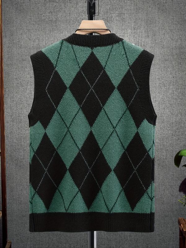 Men's Colorblock Argyle Pattern V Neck Sweater Vest, Casual Sleeveless Jumper Vest for Spring & Fall, Fashion Men's Knit Clothing for Daily Wear, Tops 1