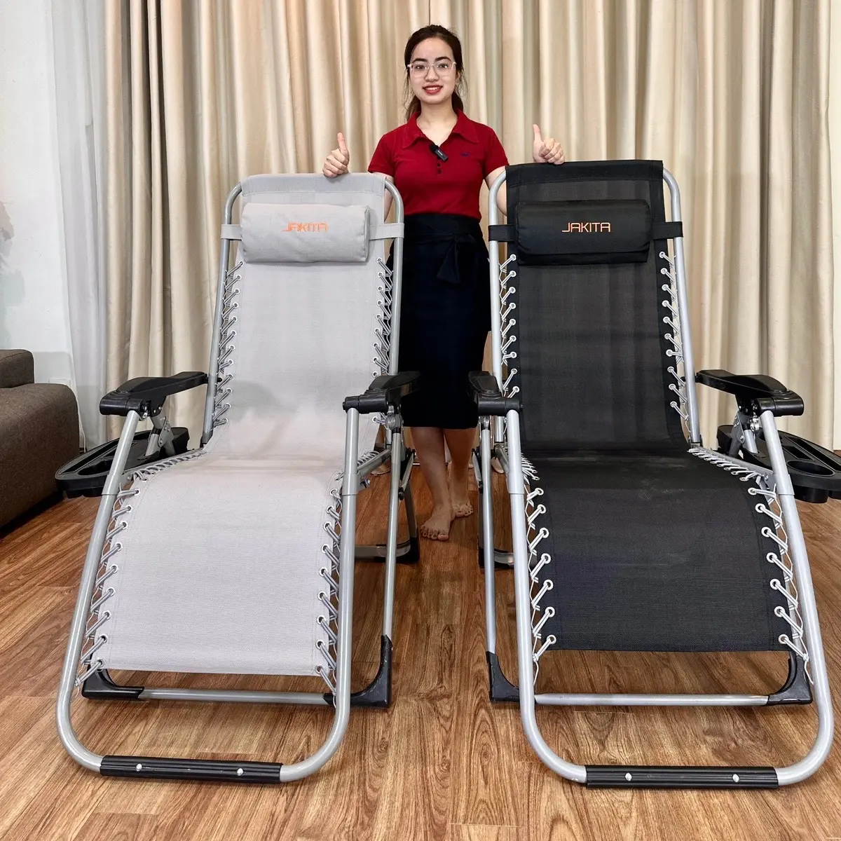 Ghế Xếp Thư Giãn JAKITA Nhật Bản, vải lưới sợi carbon, khung thép, trọng tải 400kg, tặng khay để ly, gối