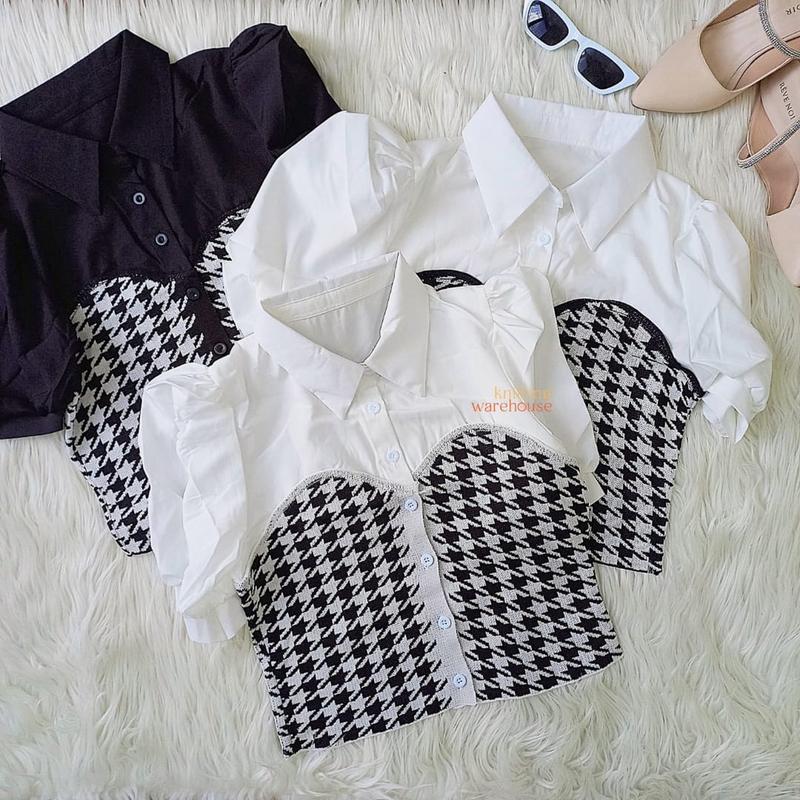 Suzan Blouse Kemeja Mix Cotton Knit - Rajut Korea Style Atasan Wanita TM 70135 0