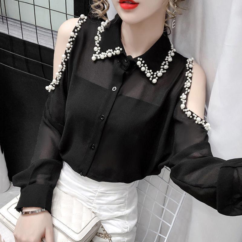 Áo Sơ Mi Mỏng, Thiết Kế Độc Đáo Phong Cách Hàn Quốc Mới, Sành Điệu Và Thanh Lịch, Tay Áo Dài, Trễ Vai, Áo Cánh Voan, Dành Cho Phụ Nữ, Thời Trang Top Women Shirt 0