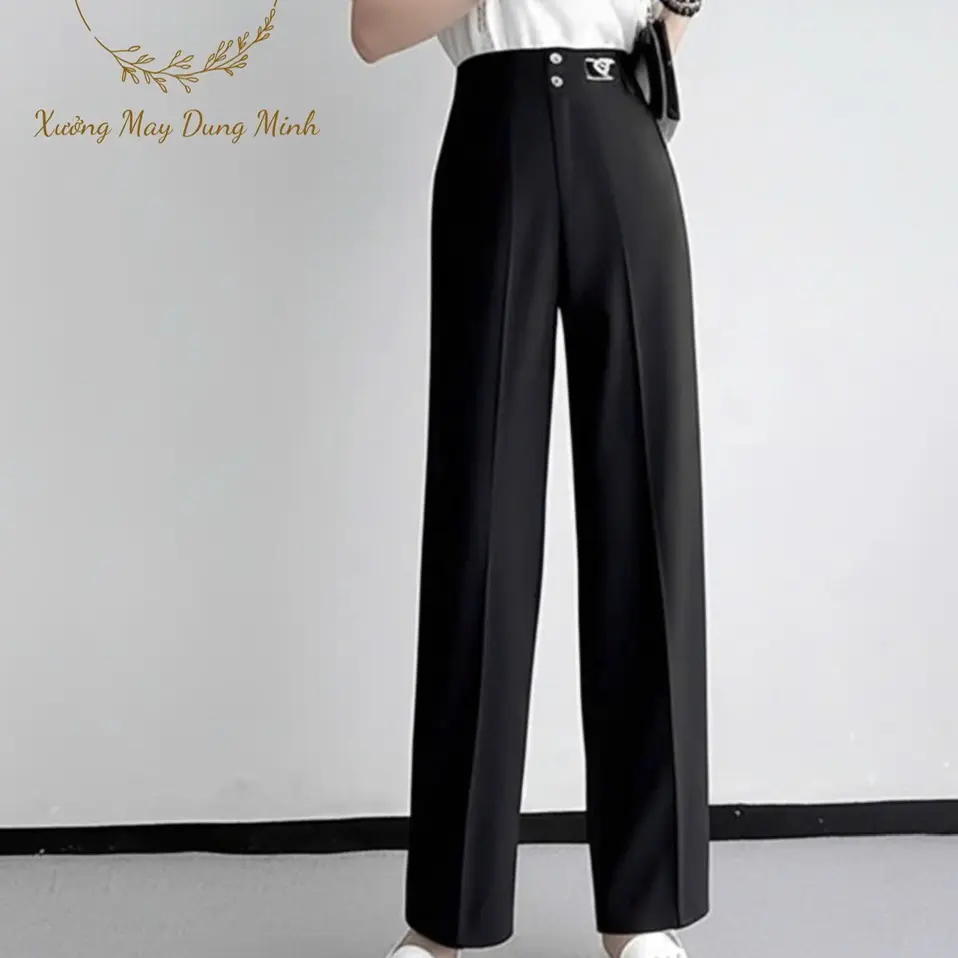 Quần ống suông nữ 2 cúc khoá kéo, Quần ống đứng dáng suông cạp cao dài quần 95 -98cm chất ka.te hàn co dãn nhẹ cảm giác thoải mái khi mặc