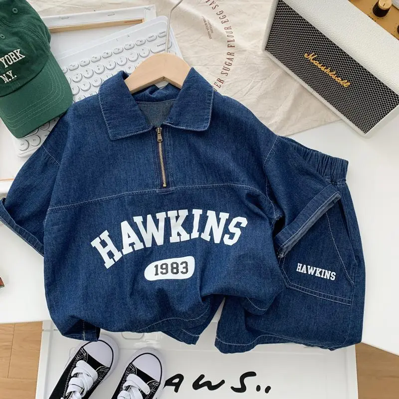 [9280 People Collected] Boys' Summer Outfit Internet Celebrity Denim Short Sleeve Shorts 2025 New Stylish Korean Version Hot Two-Piece Set for Kids