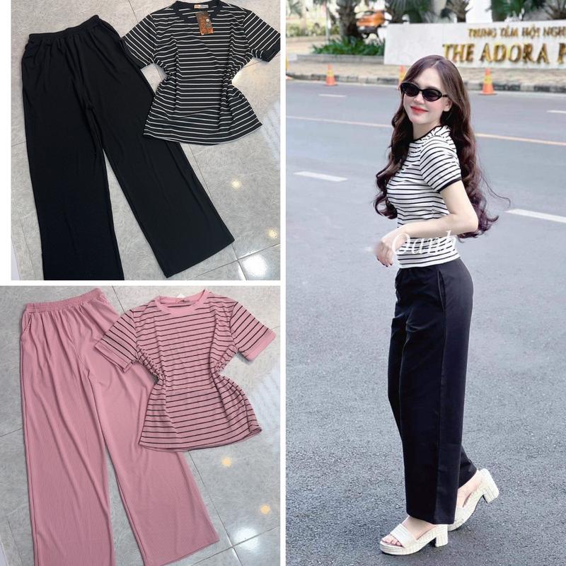 SET THỜI TRANG NỮ ỐNG RỘNG MIX ÁO FORM SUÔNG CHẤT THUN GÂN TĂM LẠNH ĐI HỌC ĐI LÀM ĐI CHƠI Women Voi Ong Quần Top Polo Jacket Dệt