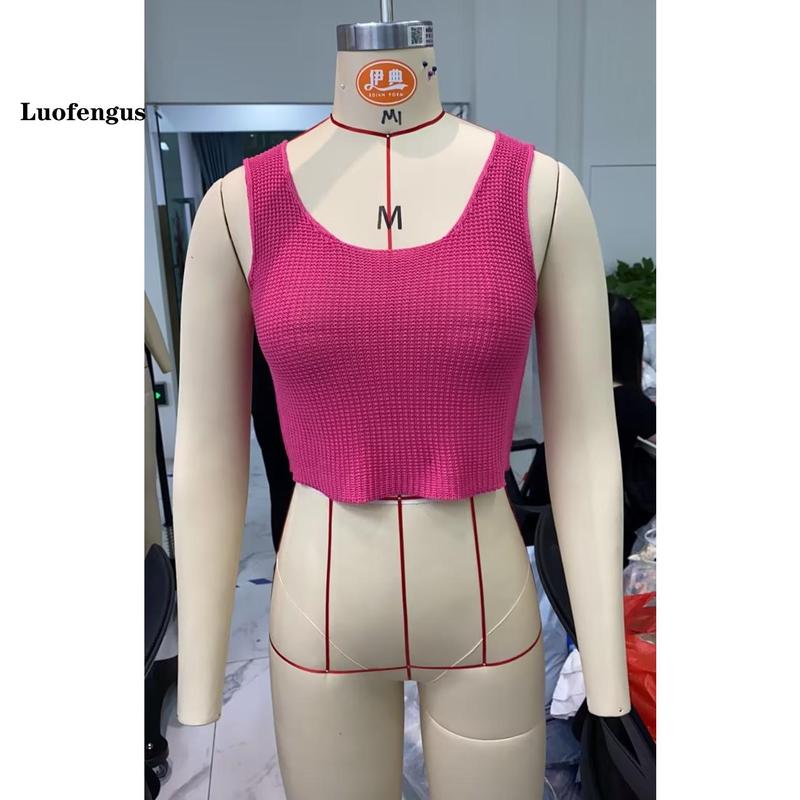 Women's Crochet Knit Tank Tops Casual Loose Fitting Round Neck Sleeveless Showing Navel Solid Color Shirt for Summer 5