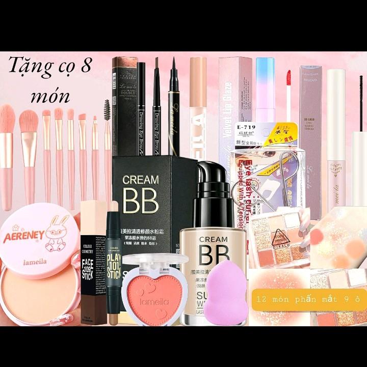 (Tặng bộ cọ 8 món) Bộ trang điểm 12 món siêu đẹp dành cho người mới tập makeup/ set trang điểm/bộ makeup Mỹ Phẩm Son Son Môi Son Kem Cosmetic Kem Lót Nữ
