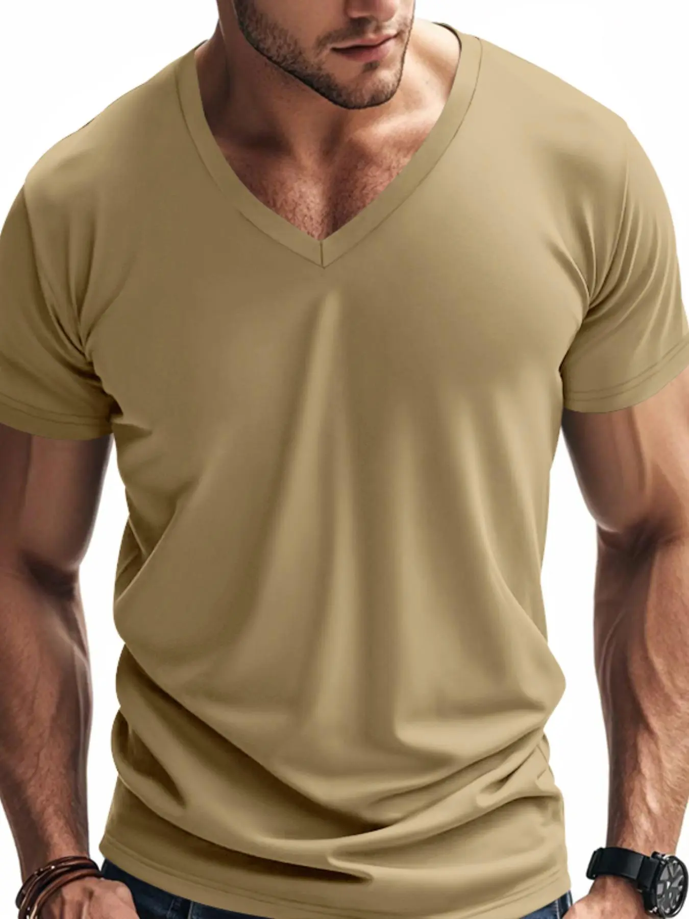 Men's Solid Color V Neck Tee, Regular Fit Casual Comfy Short Sleeve T-shirt for Summer, Men's Top for Daily Wear