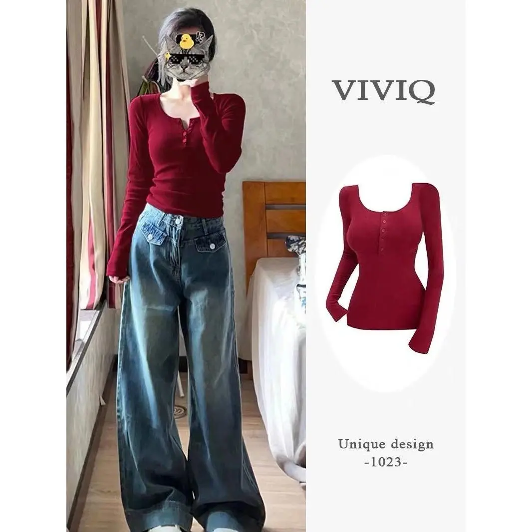 Maillard Button Dralon Long-Sleeved T-shirt Women's Autumn and Winter Design Sense Skinny Slimming Inner Bottoming Shirt Red Top