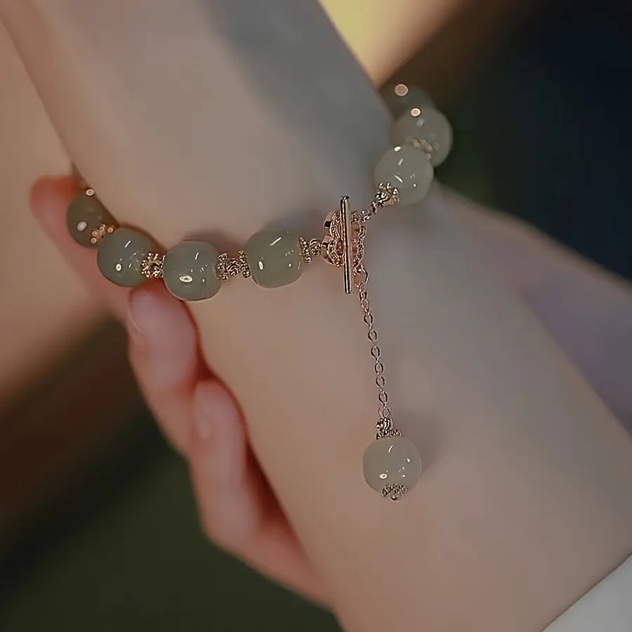 Elegant Glass Jade Bead Bracelet with Imitation Jade Accents, Fashionable Jewelry Gift for Couples