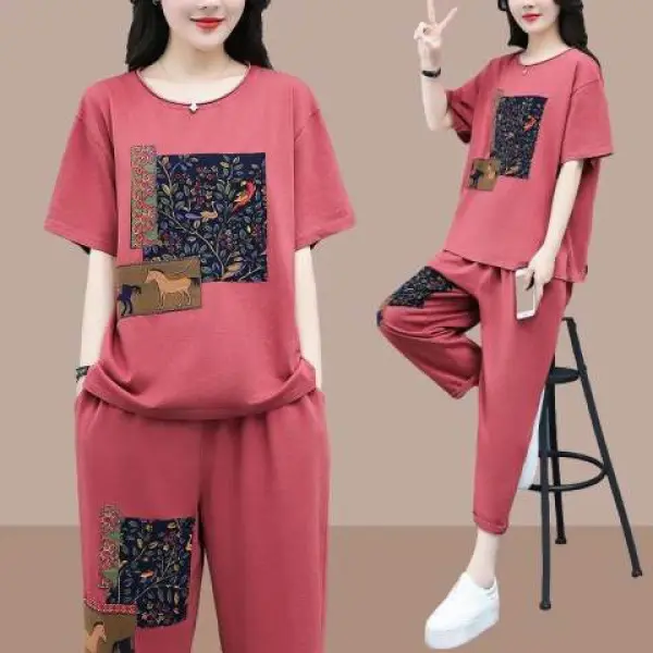 Bộ Đồ Hai Mảnh, Bộ Sưu Tập Mới Mùa Hè 2024, Phong Cách Hàn Quốc, Cỡ Lớn, Áo Ngắn Tay In Hình, Dành Cho Nữ, Thường Ngày Và Dáng Rộng Rãi, Bó Sát, Thời Trang