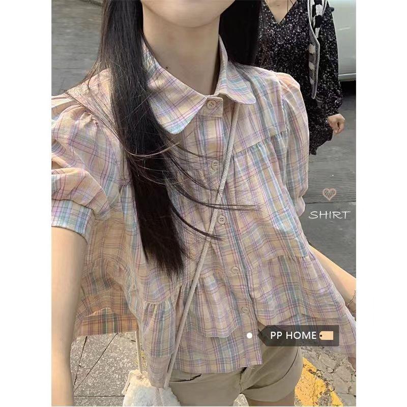 Áo Sơ Mi Kẻ Sọc, Phong Cách Mùa Hè, Nhỏ Và Ngọt Ngào, Cổ Búp Bê Rộng, Thiết Kế Đẹp Cho Bé Gái, Tay bồng Độc Đáo Áo Pháp Top Women Shirt 5