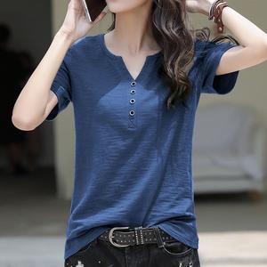 Bamboo Cotton T-shirts for Womens korean fashion loose teen oversize tops on sale V Neck plain colors Blue short sleeve Unisex Tops Tees blouse shirt