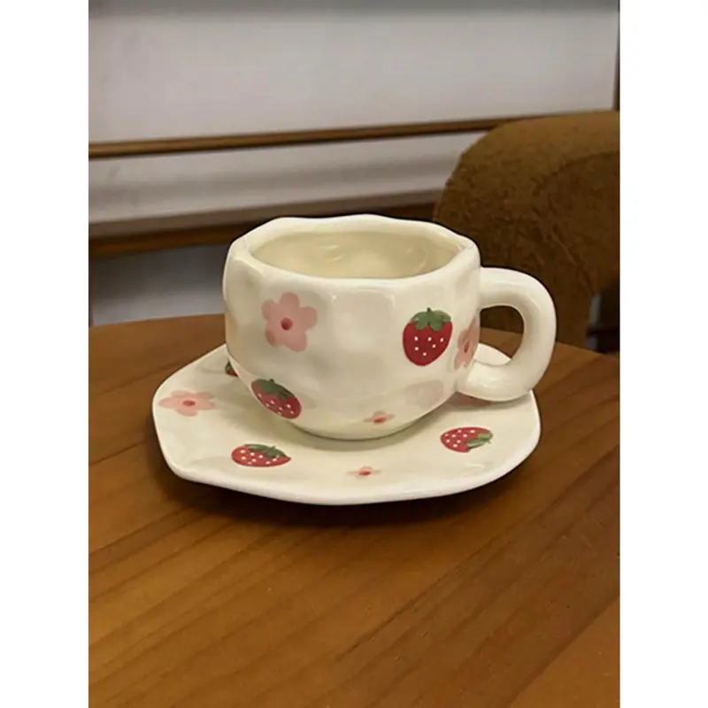 2025 NEW 1pc Retro Strawberry Flower Ceramic Cup, Hand Painted Butterfly&Cherry Asymmetrical Shape Coffee Cup, Tea Latte Mug, Breakfast Milk Cup, Water Cup, Gift (Easter Gifts) 1