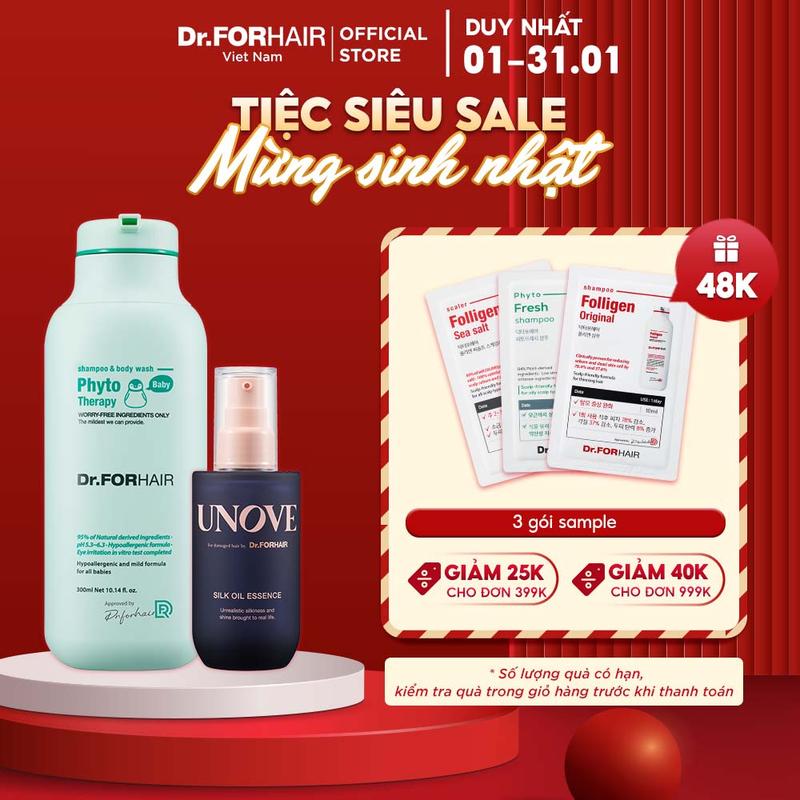 [DEAL SỐC GIỚI HẠN] Combo Sữa Tắm Gội Cho Bé Và Tinh Dầu Dưỡng Tóc Dr.FORHAIR Phyto Therapy Shampoo And Body Wash 300ml x UNOVE Silk Oil Essence 70ml [Tặng 3 gói sample]