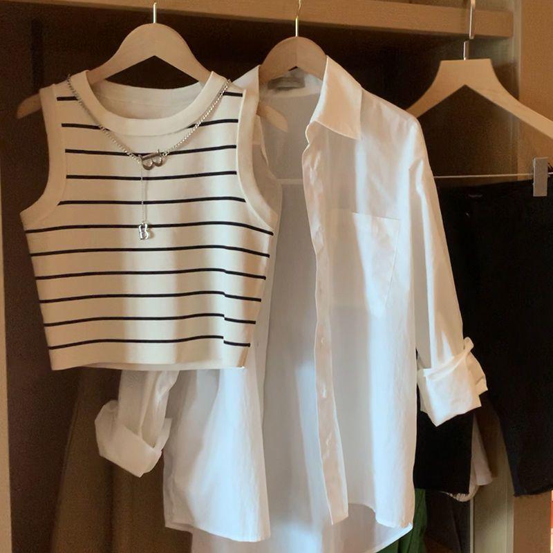 Bộ Đồ Hai Mảnh Cho Nữ, Bộ Sưu Tập Mùa Xuân Và Mùa Hè, Áo Sơ Mi Bó Sát Thanh Lịch, Có Sọc, Áo Vest Dệt Kim, Hai Dây Bên Trong, Phong Cách Thường Ngày