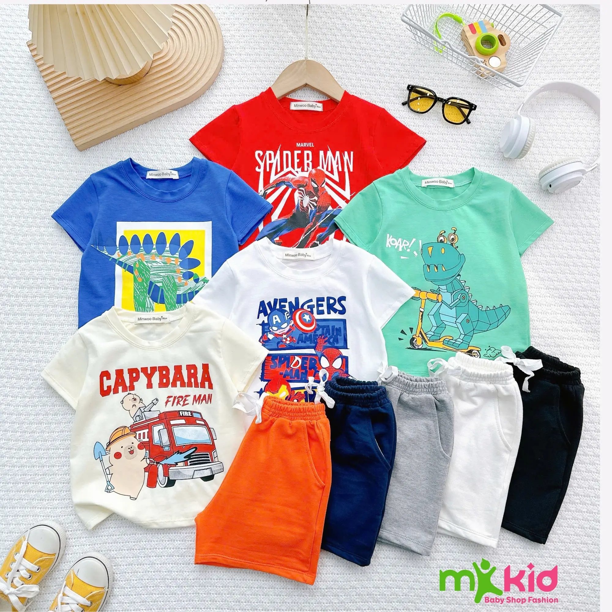 [MK KID] Bộ Áo tay Ngắn Quần Ngắn 9-25KG Cho Bé Trai Vải Cotton Mềm Mát, Bộ đồ cho Bé Trai mặc Đi chơi, Đi học