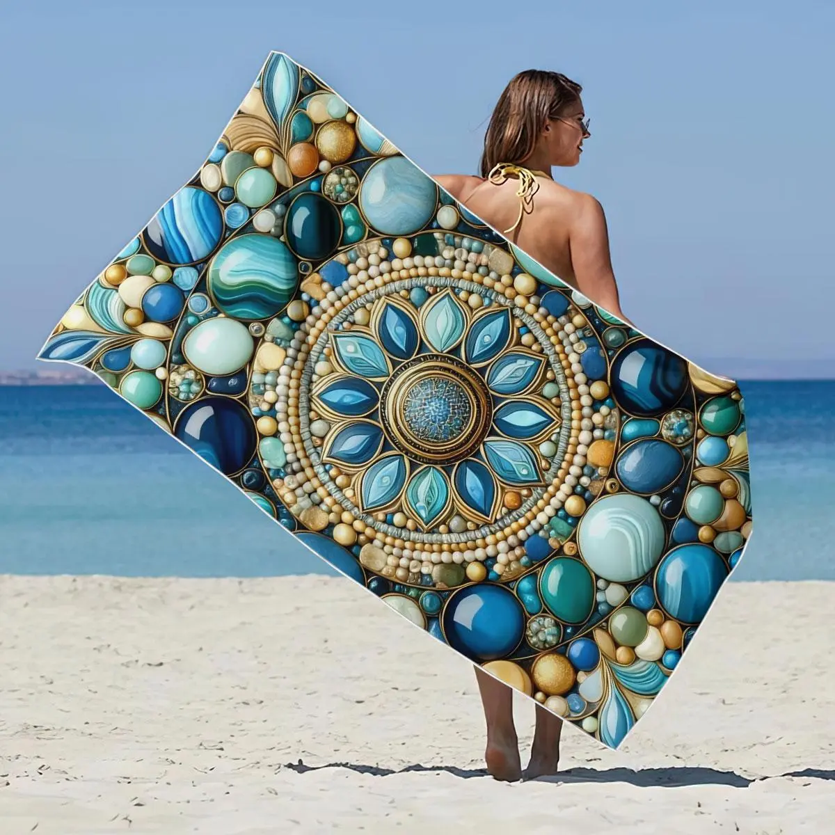 Round Mandala Pattern Beach Throw Blanket, Lightweight Soft Absorbent Towel, Napping Blanket for Home Office Travel Camping