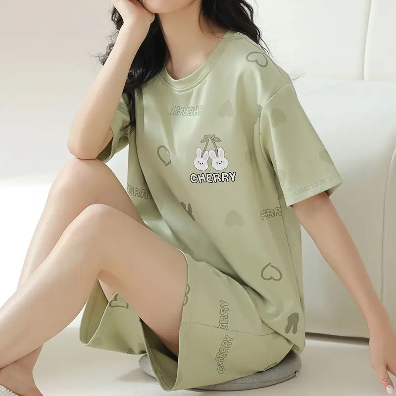 Bộ Đồ Ngủ Cao Cấp, 100% Cotton, Dành Cho Nữ, Mùa Hè, ngắn Tay Áo, Quần Đùi, Thích Hợp Cho Học Sinh, Phong Cách Ins, Bộ Đồ Mặc Nhà Mùa Hè, Chất Liệu Cotton Top Cạp Cao Women Pants Lưng Cao Quần Ngủ