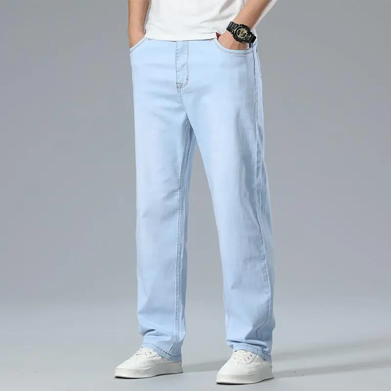 Quần Dài Jean Màu Sáng, Cao Cấp, Dành Cho Nam Giới, Bộ Sưu Tập Mùa Xuân Và Mùa Hè Mới 2024, Quần Ống Rộng Dáng Suông, Quần Dài Ống Rộng, Thiết Kế Thẳng Đơn Giản, Mỏng