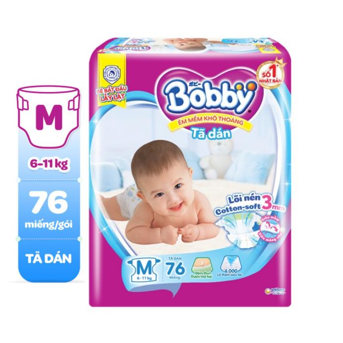 Tã dán Bobby size M76 - L68 - XL62 (lõi nén thần kỳ) bỉm dán Cho Bé sơ sinh