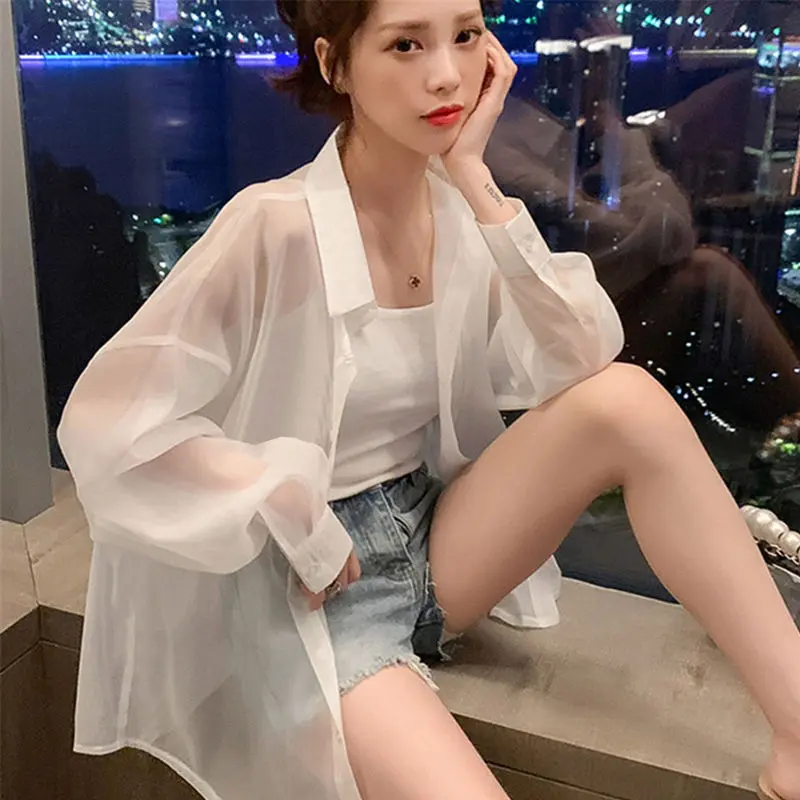 Quần Áo Chống Nắng, Áo Khoác Cardigan Nữ, Phong Cách Hàn Quốc, Dáng Rộng Vừa Vặn, Chất Liệu Voan Mỏng Dài Tay, Thoáng Khí, Áo Sơ Mi Trắng, Thích Hợp Cho Mùa Hè Women Shirt