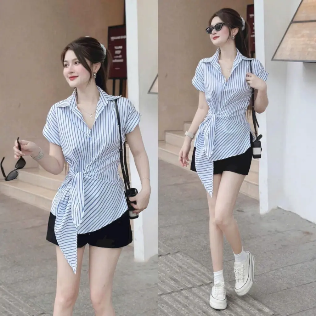 Set đồ nữ - Áo sơ mi kẻ sọc xanh thắt nơ lệch eo cách điệu mix với quần short đen năng động OB138