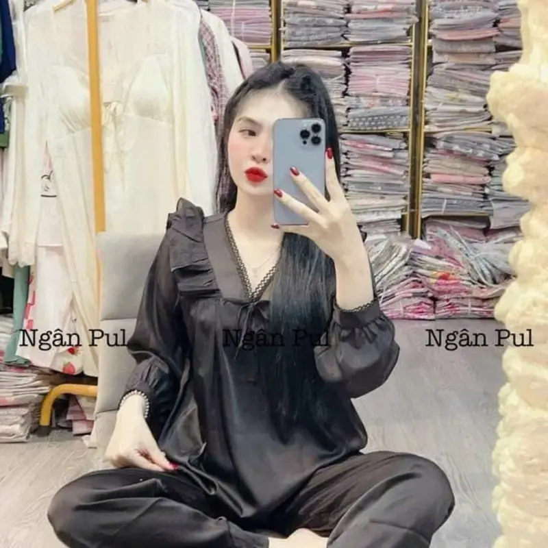 Đồ ngủ, đồ bộ pijama tay dài phối ren dưới 60kg lụa latin tơ tằm nhiều mau lông