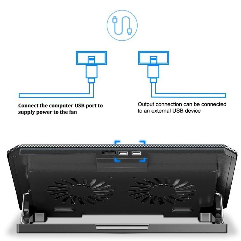 Cooling Pad Laptop Fan Portable 2/6 Fans LED Silent Noise Cooler Foldable 9"-17" LED Light Fan Adjustable Height