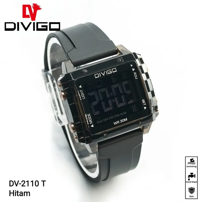 Jam Tangan Wanita DIVIGO DV-2110 Transparan Original Digital Kotak Strab Rubber Tahan Air Digital Besi Stainless 2