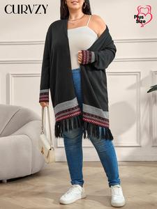 CURVZY Plus Size Ethnic Pattern Fringe Trim Drop Shoulder Cardigan, Boho Long Sleeve Open Front Knitwear for Fall & Winter, Women's Plus Clothing for Daily Wear