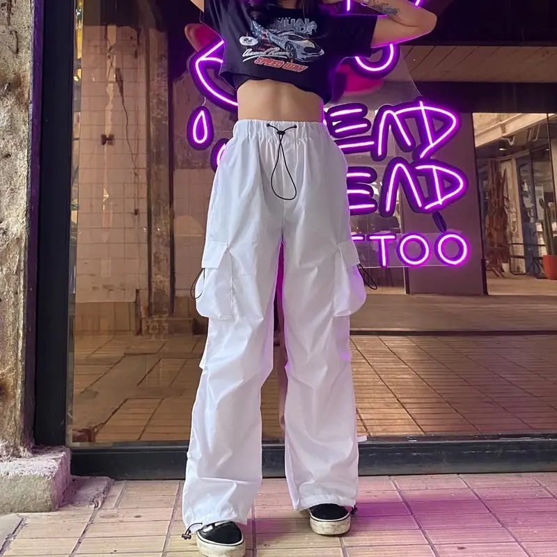 AIGO - celana cargo parasut panjang streetwear unisex Santai Karet Serut Wanita Kulot Jogger 6