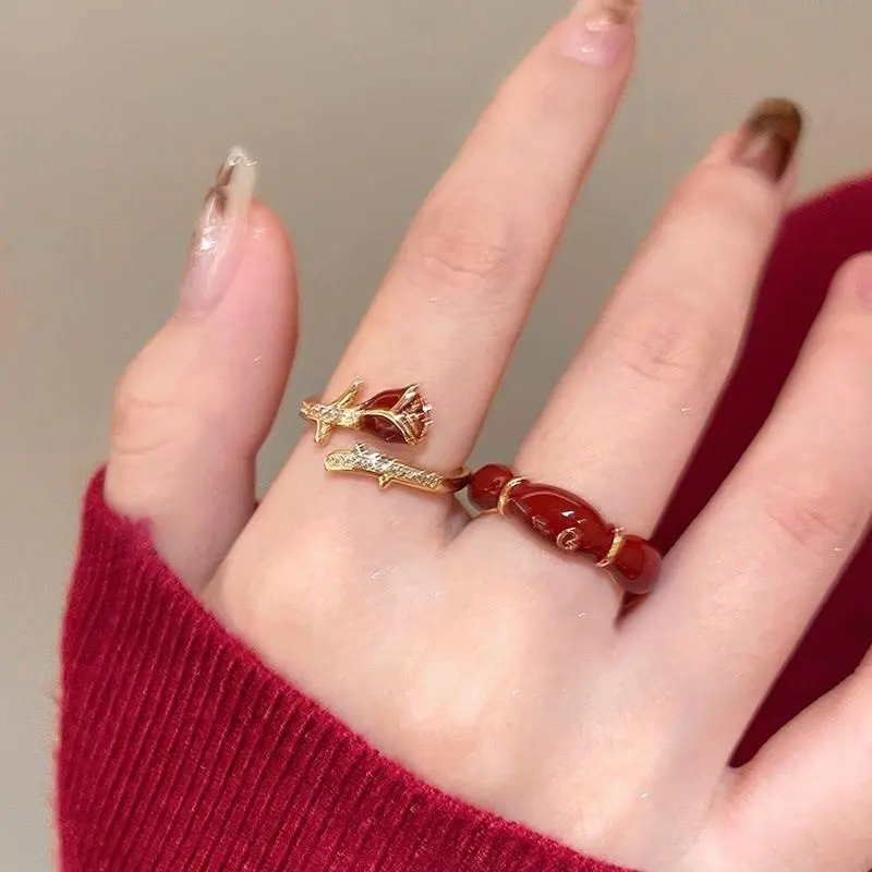 【Sktlz】Wine Red Rose Zircon Ring Wanita Buka Indeks Cincin Finger Temperature Adjustable Ring 1