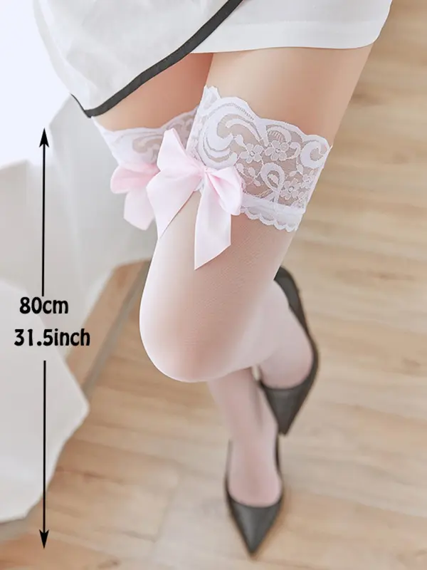 Women's 1 Pair Contrast Lace Over the Knee Stockings, Cute Decorative Bow Decor Over the Knee Socks For All Seasons 1