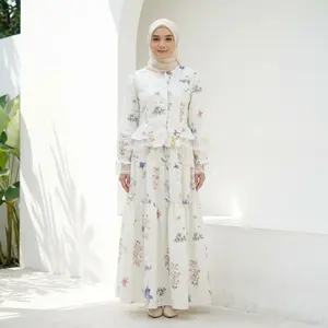 CHICMORE Set cantik wanita dengan cetakan bunga, kemeja lengan panjang renda, dan rok panjang dengan ruffle