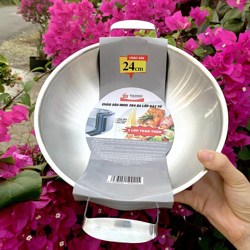    Inox 3 lớp   Chảo Inox sâu lòng đáy từ Ticook đủ Size 