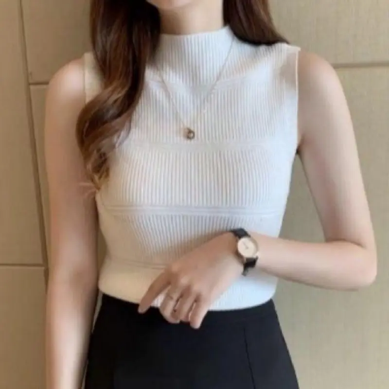 COD- Turtleneck Wanita Tanktop Rajut Impor Tank Top Blouse Korean Motif 3 Garis 2