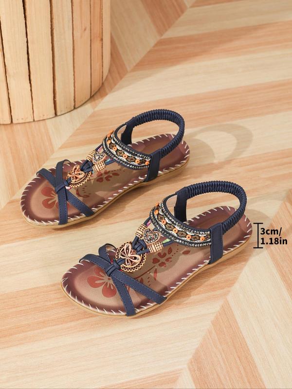 Women's Boho Style Comfortable Rhinestone Decorated Flat Sandals,  Unique Sandals, Vintage Hollow Out Heart Design Slide Sandals, Fashionable Sandals for Summer 8