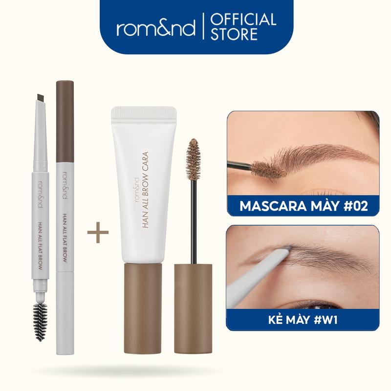 Combo Mascara Chân Mày Romand Han All Brow Cara + Chì kẻ mày ngang Romand Han All Flat Brow Cosmetic Trang Điểm