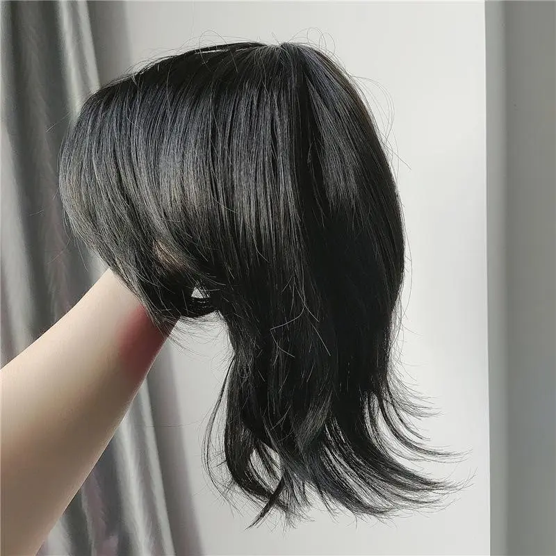Rambut Palsu Kepala Mullet, Untuk Lelaki dan Wanita, Rambut Lurus Pendek Ekor Serigala, Poni Setengah Panjang, Bentuk Cos, Penutup Kepala Rambut Palsu Kepala Mullet