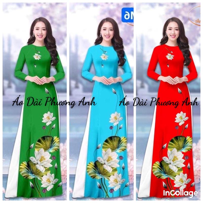 Áo dài lụa in 3D hoạ tiết hoa sen, mềm mịn, co dãn, không nhăn - Áo Dài Phương Anh 1