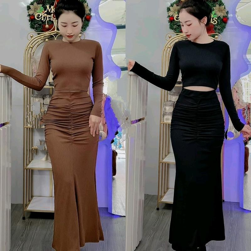 Sét đầm body ôm eo siêu tôn dáng + Chân váy dài chuẩn từ vintage - Áo Thun Nữ Top Polo
