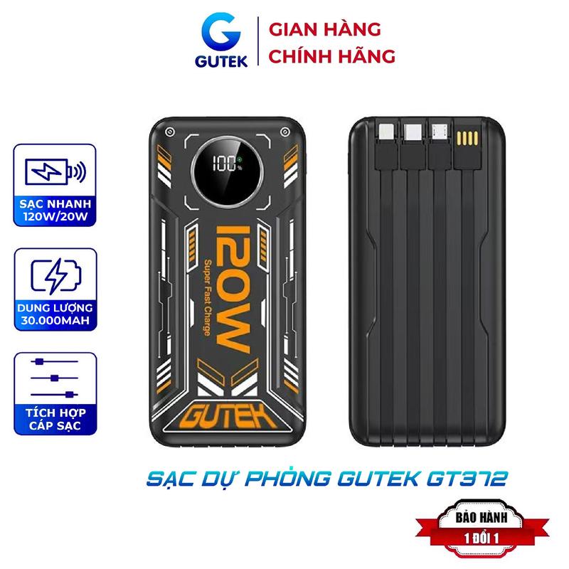 Pin Sạc dự phòng 30000mah sạc nhanh 120w dung lượng pin lớn có dây sạc nhiều điện thoại - Gutek GT372