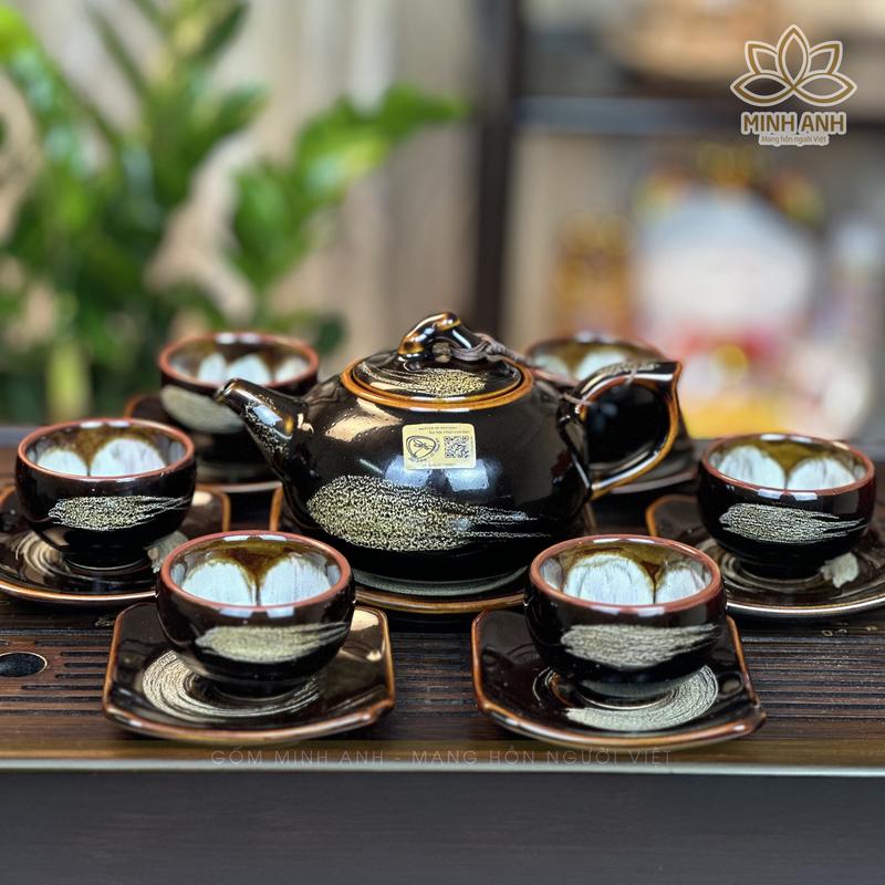  Bộ ấm chén Bát Tràng nghệ nhân ưu tú Tô Thanh Sơn dáng quả Hồng men Hỏa biến màu Mật Phẩy màu Phấn Hồng màu Xanh Rêu 