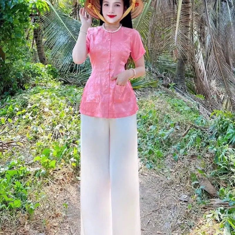 Bộ Quần Áo Bà Ba Gấm Tay Ngắn Cổ Tròn Có Túi Áo Women Top Thun áobà 1
