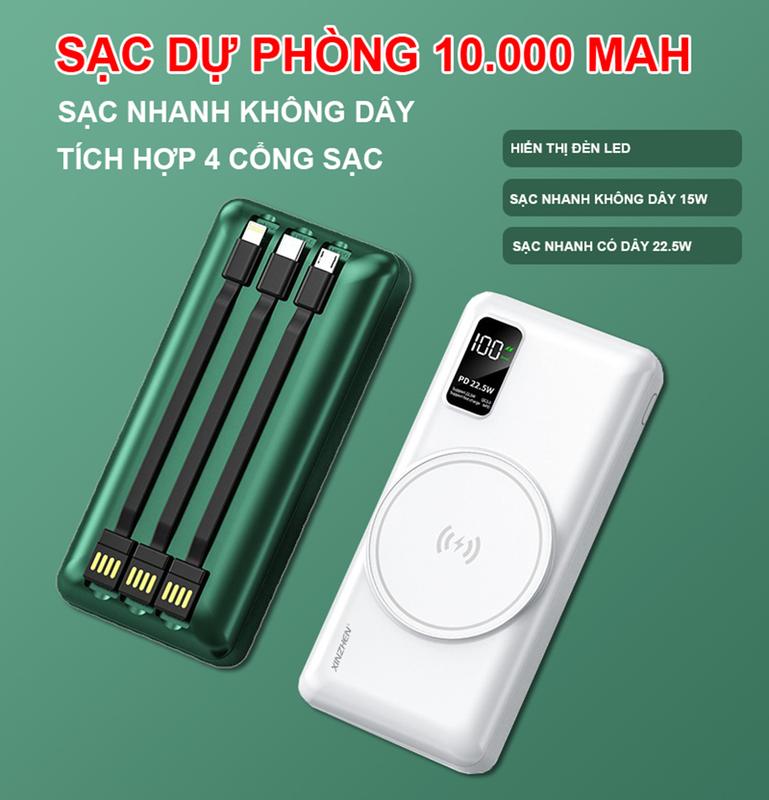 Sạc Dự Phòng HB25 Kèm 4 Cổng Micro USB, USB C, LN, USB Dành Cho Mọi Dòng Điện Thoại, Dung Lượng Chuẩn: 10.000mAh Hỗ Trợ Sạc Không Dây Hút Cực Mạnh, Tích Hợp 3 Dây Sạc Ra : USB to M + L + C Pin Dự Phòng Sạc Pin Sạc Nhanh
