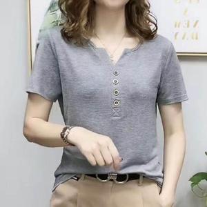 Internet Celebrity 100KG Can Wear Stretch V Neck Short Sleeve Women Casual T shirt Classic Plain Fashion Tops Ladies Plus Size Sport Blouse with collar High-quality
